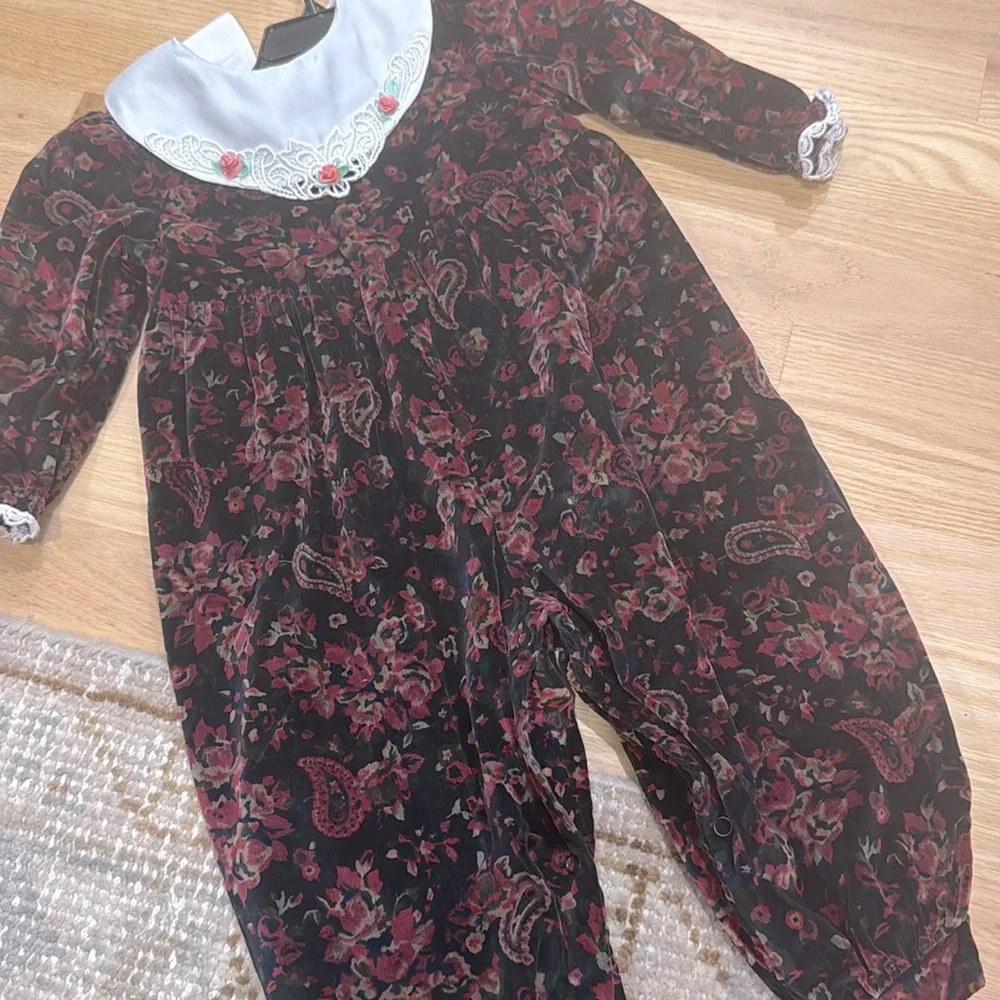 Vintage Velvet Embroidered Baby Romper Sz 24Month